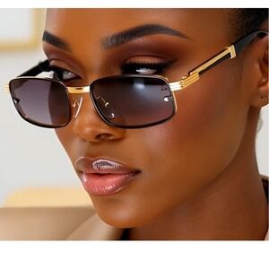 Rimless‎ Rectangle Sunglasses Gold Frame Wood Arms Vintage Style Fashion Women